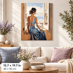 Woman in Blue Dress at Window shown in a styled room with 15.7 × 19.7 in and 40 × 50 cm dimensions