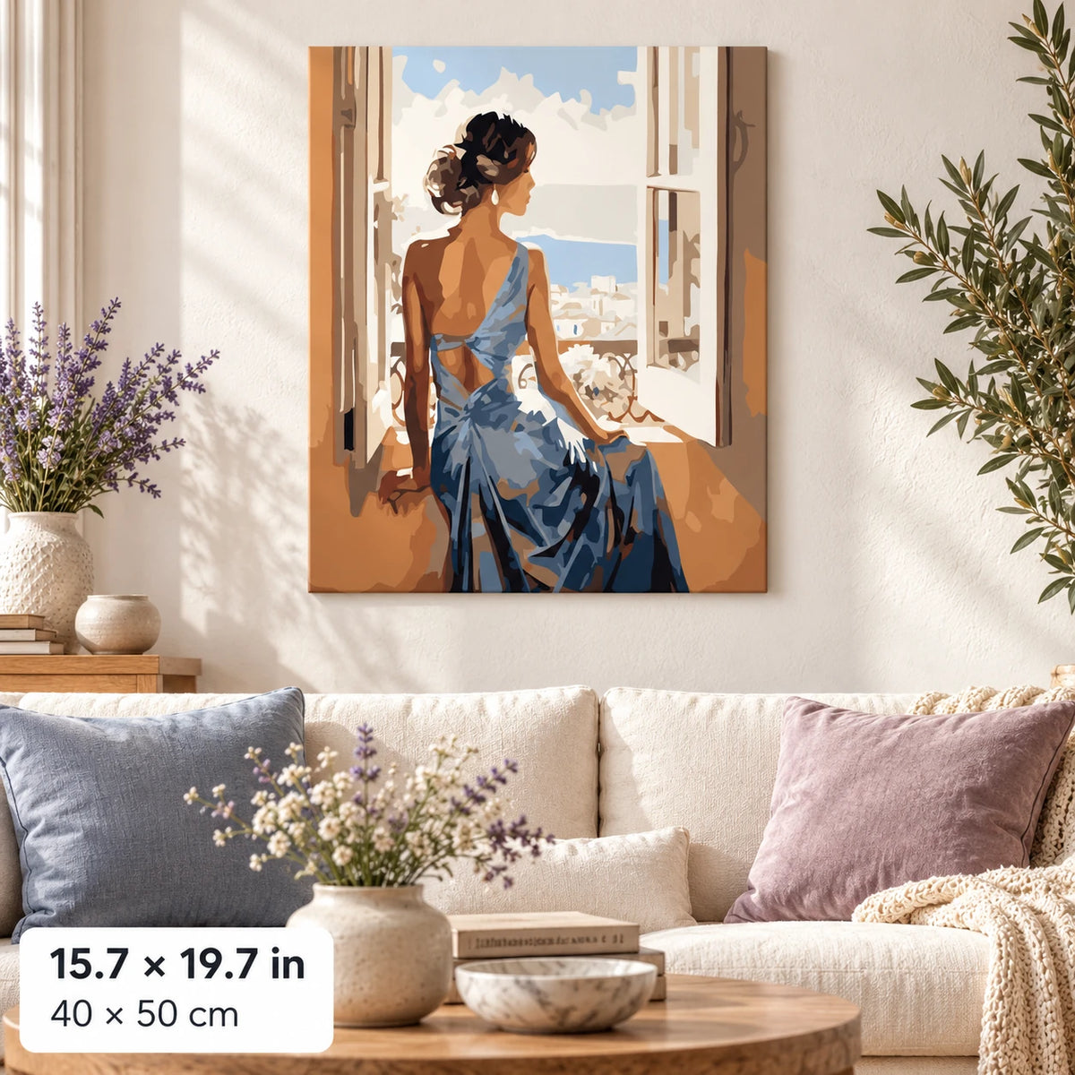 Woman in Blue Dress at Window shown in a styled room with 15.7 × 19.7 in and 40 × 50 cm dimensions