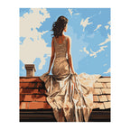Woman in White Dress on Rooftop completed artwork on a clean white background