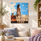Woman in White Dress on Rooftop shown in a styled room with 15.7 × 19.7 in and 40 × 50 cm dimensions