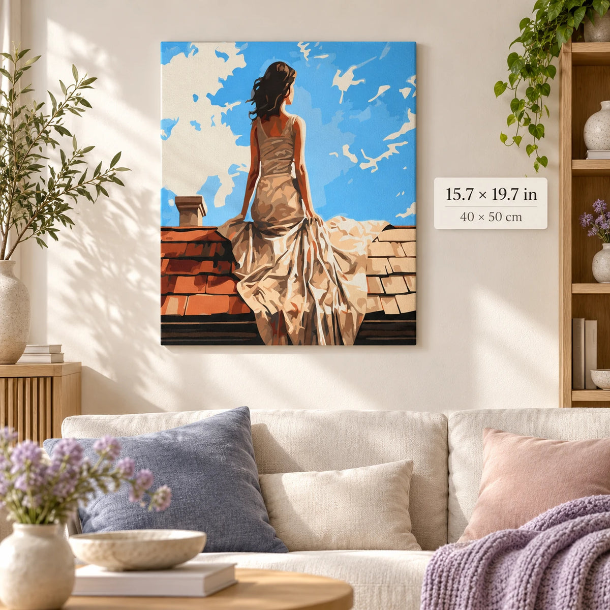 Woman in White Dress on Rooftop shown in a styled room with 15.7 × 19.7 in and 40 × 50 cm dimensions