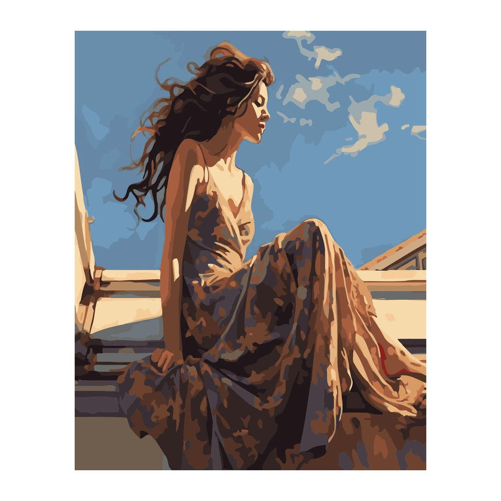 Woman in Flowing Dress by the Sea completed artwork on a clean white background