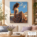 Woman in Flowing Dress by the Sea shown in a styled room with 15.7 × 19.7 in and 40 × 50 cm dimensions