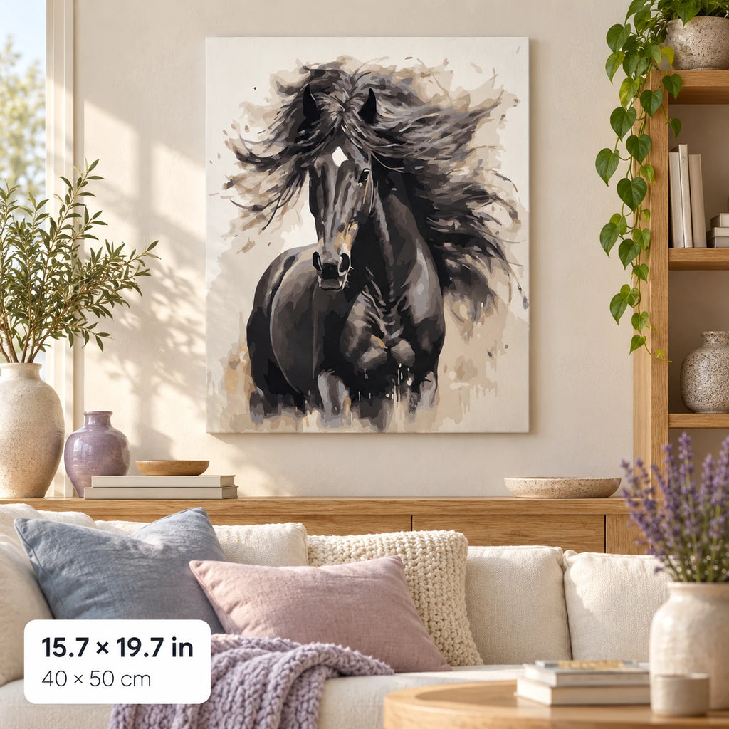 Black Horse Watercolor Portrait shown in a styled room with 15.7 × 19.7 in and 40 × 50 cm dimensions
