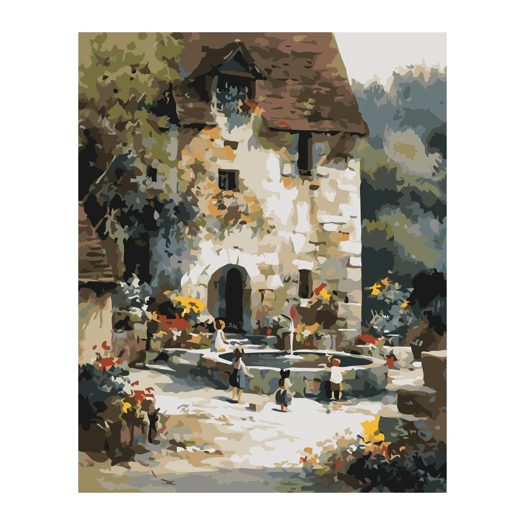 Old Stone Cottage Courtyard completed artwork on a clean white background