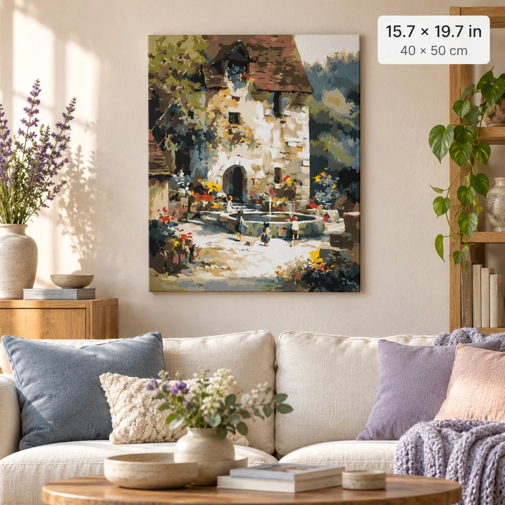 Old Stone Cottage Courtyard shown in a styled room with 15.7 × 19.7 in and 40 × 50 cm dimensions