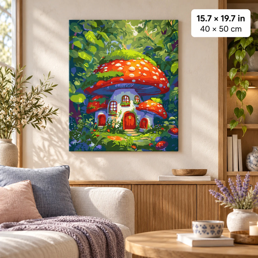 Enchanted Mushroom House shown in a styled room with 15.7 × 19.7 in and 40 × 50 cm dimensions