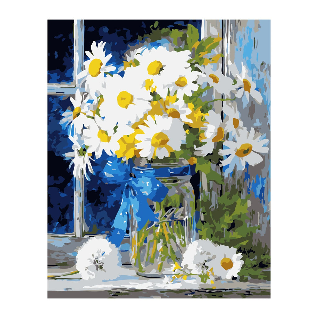 White Daisies in Blue Vase completed artwork on a clean white background