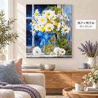 White Daisies in Blue Vase shown in a styled room with 15.7 × 19.7 in and 40 × 50 cm dimensions
