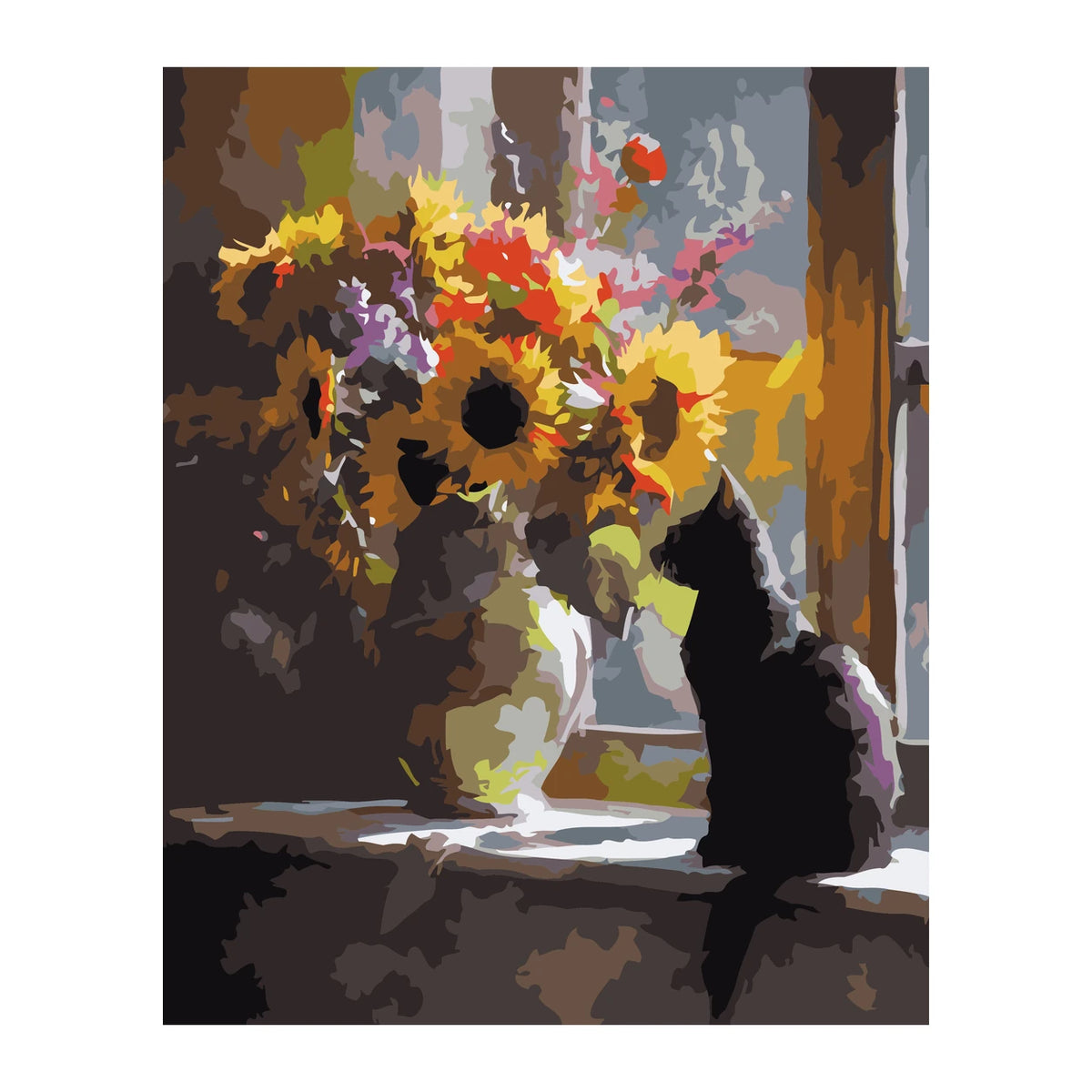 Black Cat with Sunflowers completed artwork on a clean white background