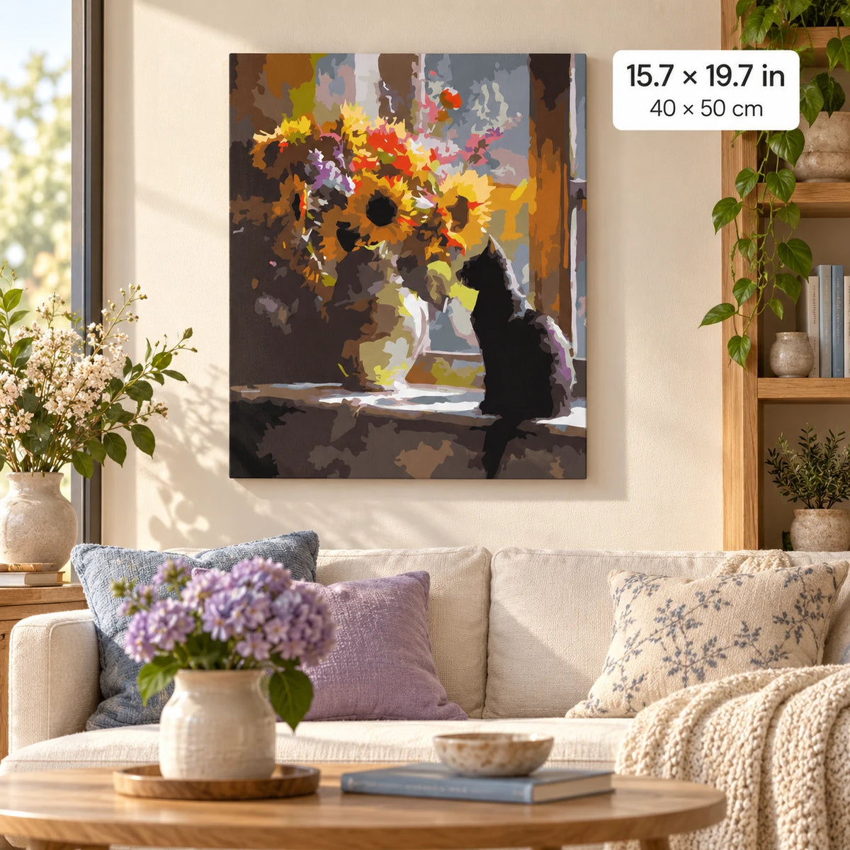 Black Cat with Sunflowers shown in a styled room with 15.7 × 19.7 in and 40 × 50 cm dimensions