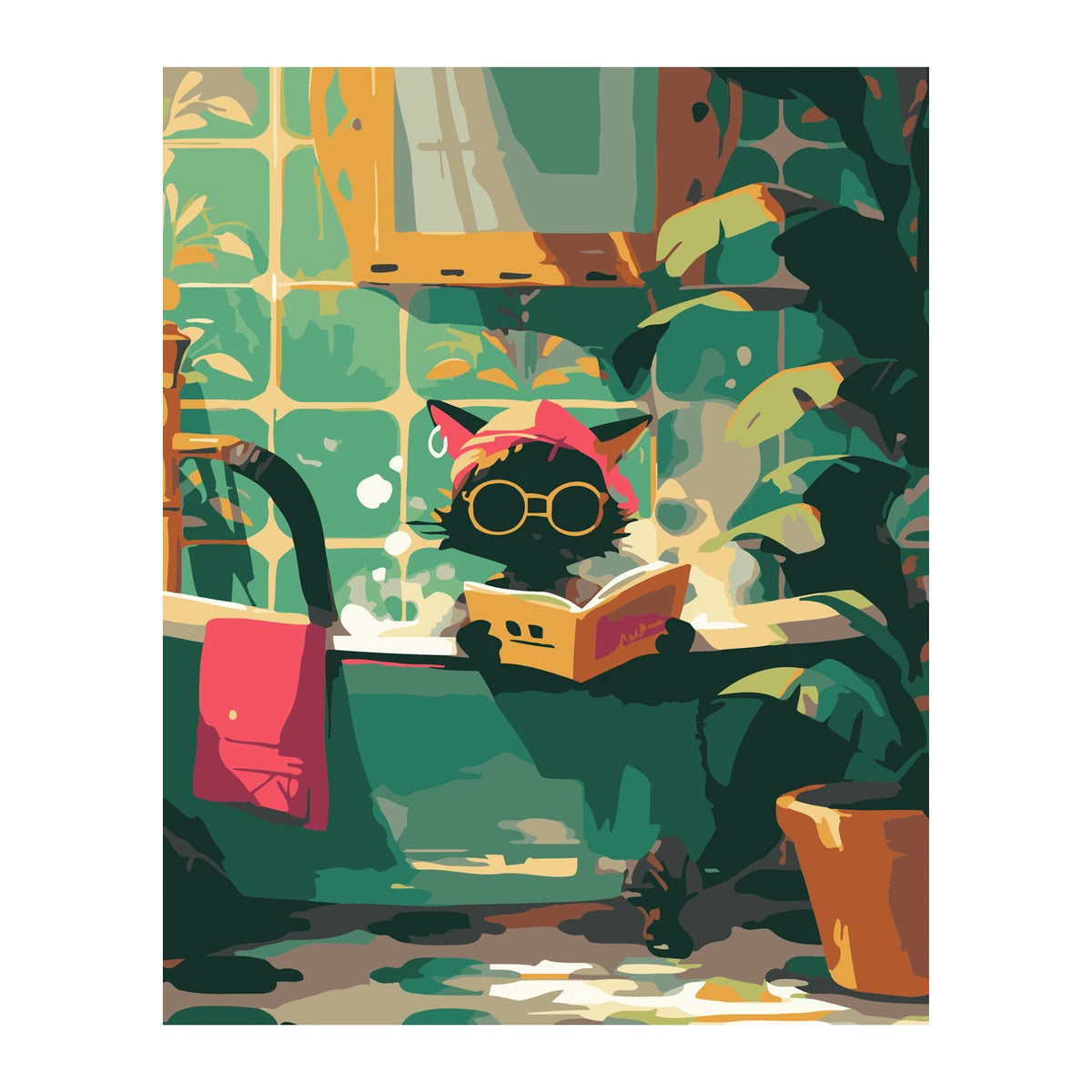 Reading Cat in Cozy Green Room completed artwork on a clean white background
