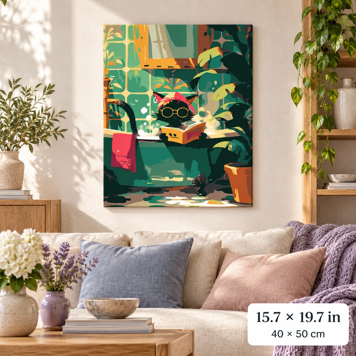 Reading Cat in Cozy Green Room shown in a styled room with 15.7 × 19.7 in and 40 × 50 cm dimensions