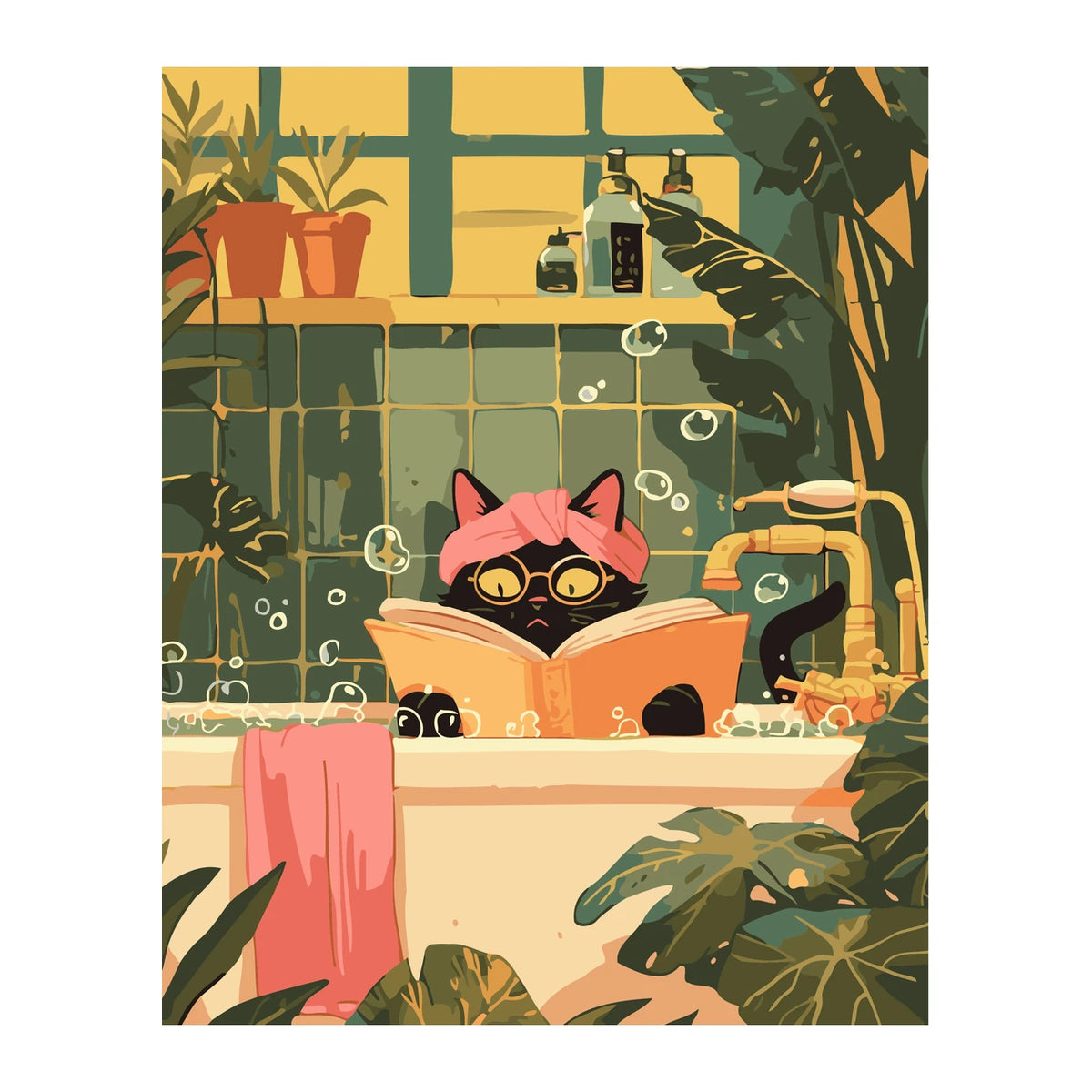 Reading Cat in Cozy Bathtub completed artwork on a clean white background