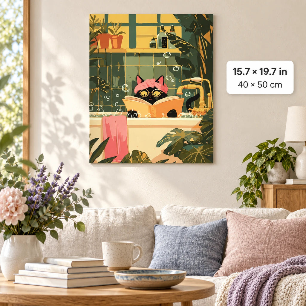 Reading Cat in Cozy Bathtub shown in a styled room with 15.7 × 19.7 in and 40 × 50 cm dimensions