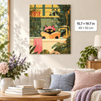 Reading Cat in Cozy Bathtub shown in a styled room with 15.7 × 19.7 in and 40 × 50 cm dimensions