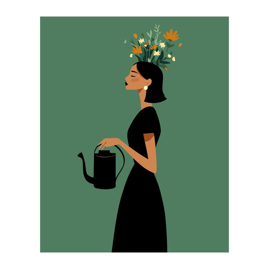Woman Watering Flowers completed artwork on a clean white background