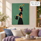 Woman Watering Flowers shown in a styled room with 15.7 × 19.7 in and 40 × 50 cm dimensions