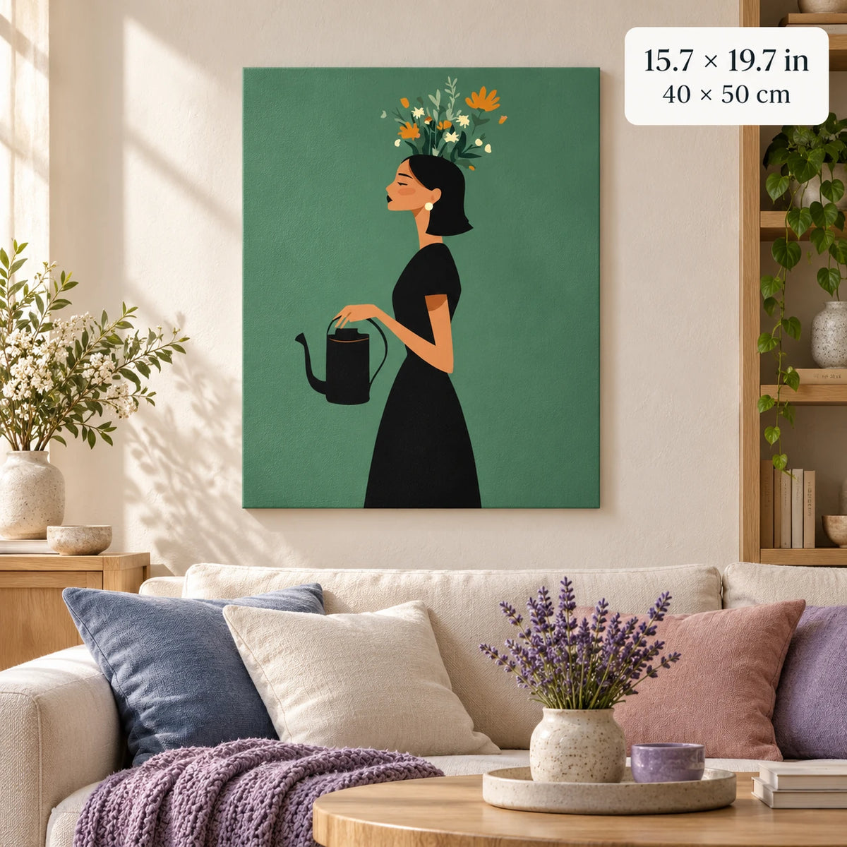 Woman Watering Flowers shown in a styled room with 15.7 × 19.7 in and 40 × 50 cm dimensions