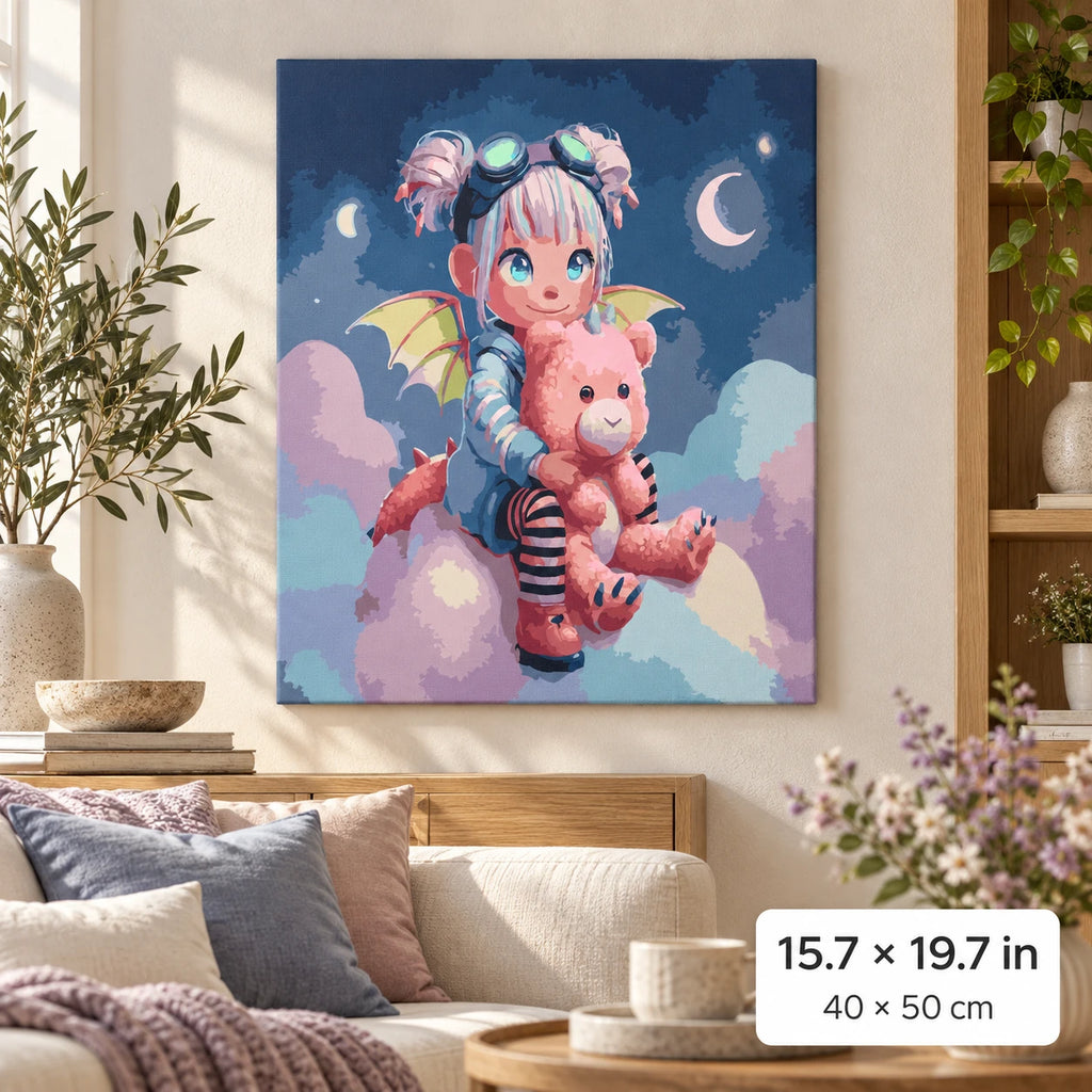 Cute Fantasy Girl with Pink Teddy Bear shown in a styled room with 15.7 × 19.7 in and 40 × 50 cm dimensions