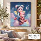 Cute Fantasy Girl with Pink Teddy Bear shown in a styled room with 15.7 × 19.7 in and 40 × 50 cm dimensions