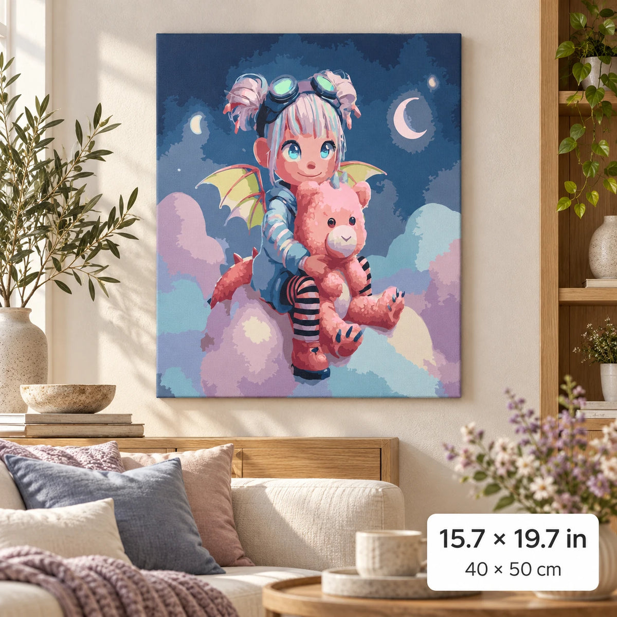 Cute Fantasy Girl with Pink Teddy Bear shown in a styled room with 15.7 × 19.7 in and 40 × 50 cm dimensions