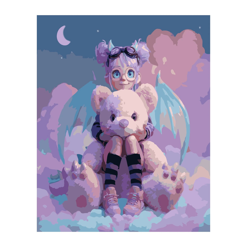 Cute Fantasy Girl with White Teddy Bear completed artwork on a clean white background