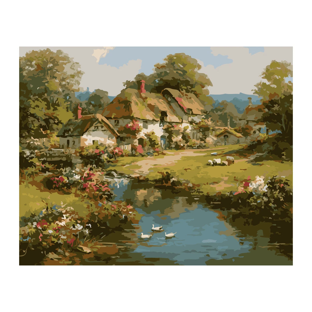English Cottage by the Pond completed artwork on a clean white background