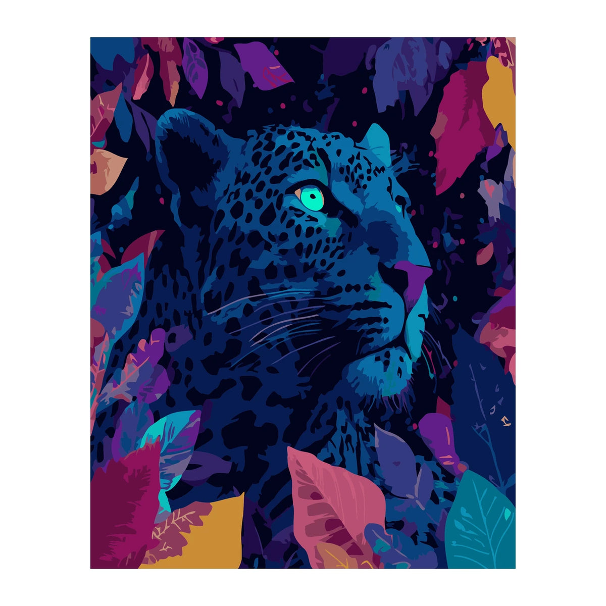 Neon Blue Leopard Portrait completed artwork on a clean white background