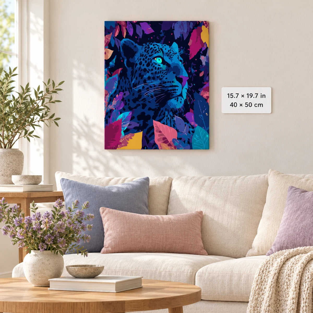 Neon Blue Leopard Portrait shown in a styled room with 15.7 × 19.7 in and 40 × 50 cm dimensions