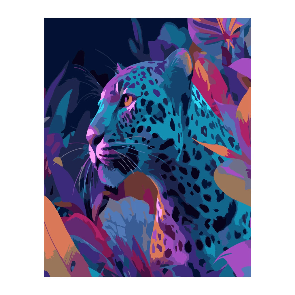 Colorful Neon Leopard Portrait completed artwork on a clean white background