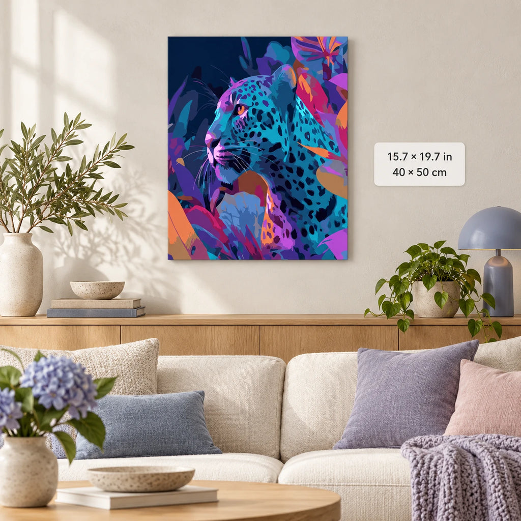 Colorful Neon Leopard Portrait shown in a styled room with 15.7 × 19.7 in and 40 × 50 cm dimensions