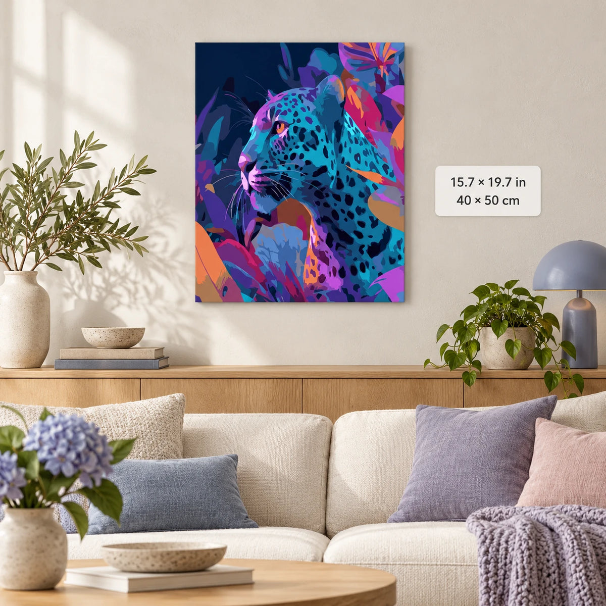 Colorful Neon Leopard Portrait shown in a styled room with 15.7 × 19.7 in and 40 × 50 cm dimensions