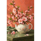 Pink peach blossoms growing from a teapot: original artwork on a white background