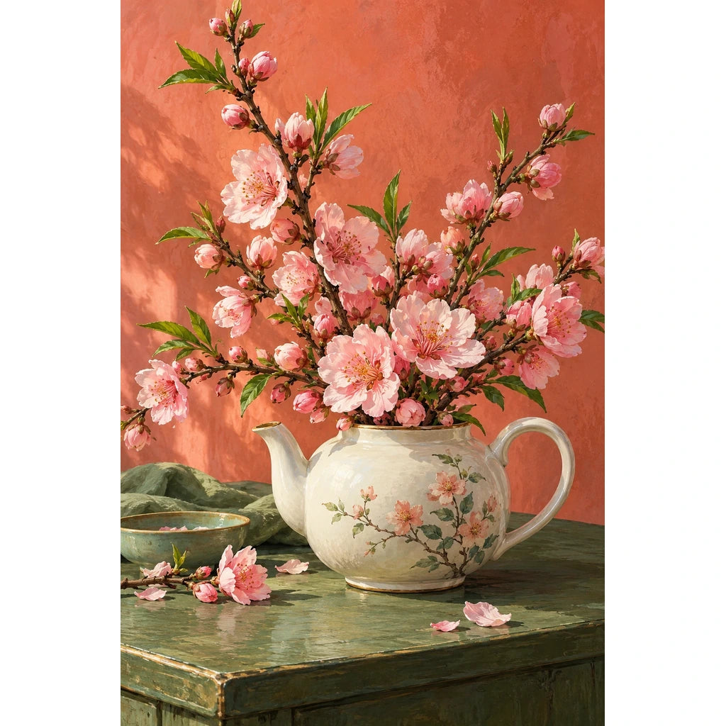Pink peach blossoms growing from a teapot: original artwork on a white background