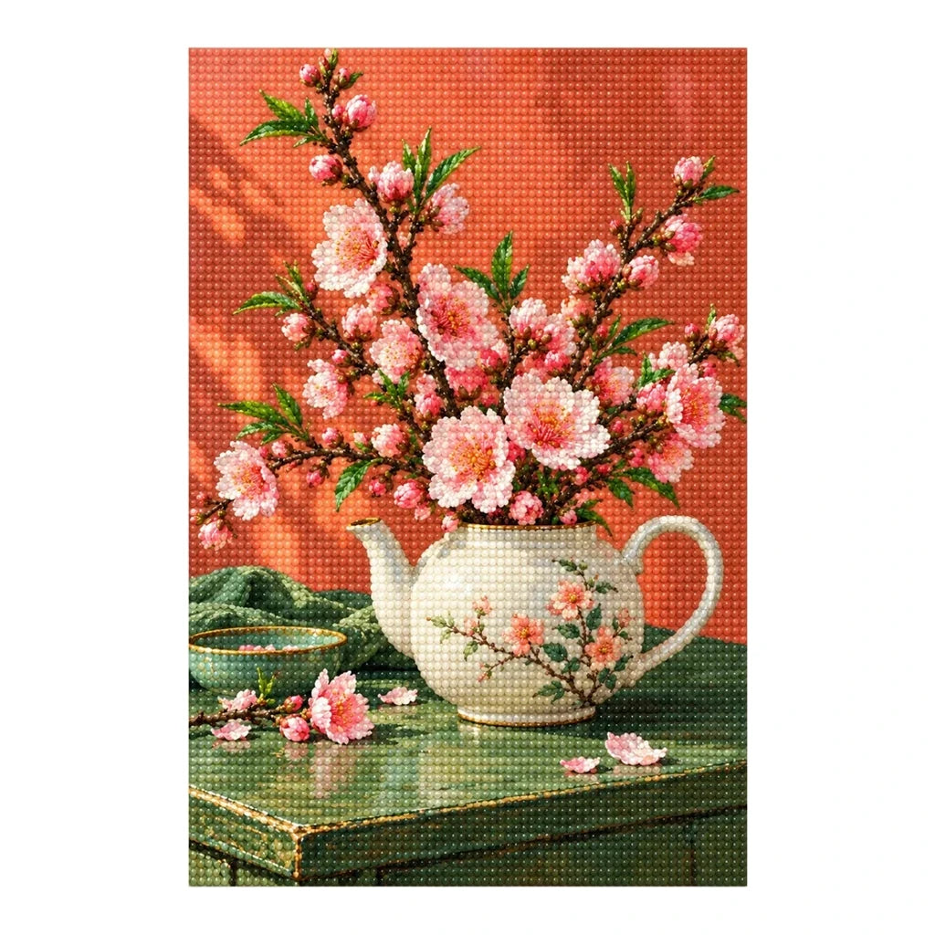 Pink peach blossoms growing from a teapot: finished diamond painting on a white background