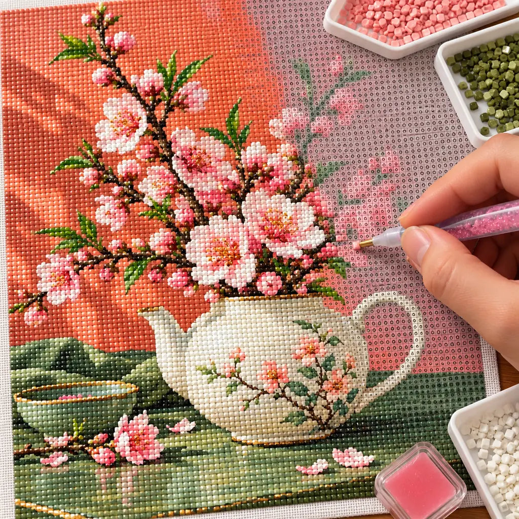 Pink peach blossoms growing from a teapot: diamond painting being completed with a pen
