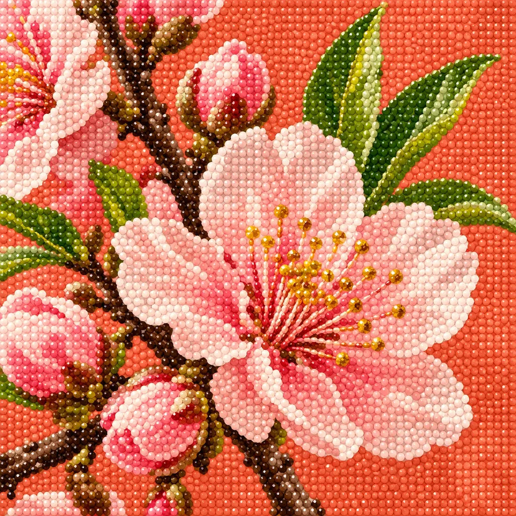 Pink peach blossoms growing from a teapot: close-up of diamond drills
