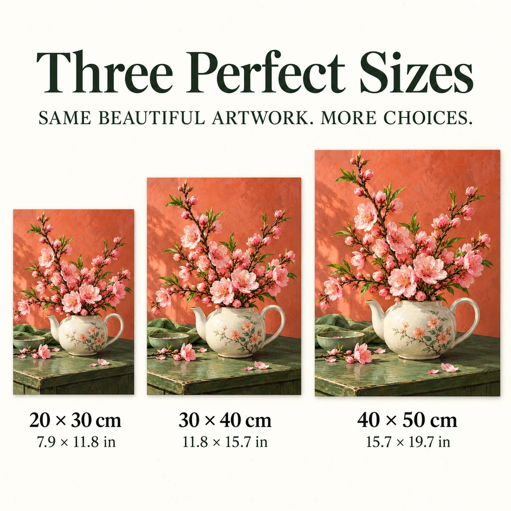 Pink peach blossoms growing from a teapot: size guide showing three available dimensions