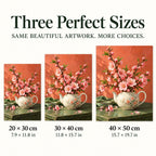 Pink peach blossoms growing from a teapot: size guide showing three available dimensions