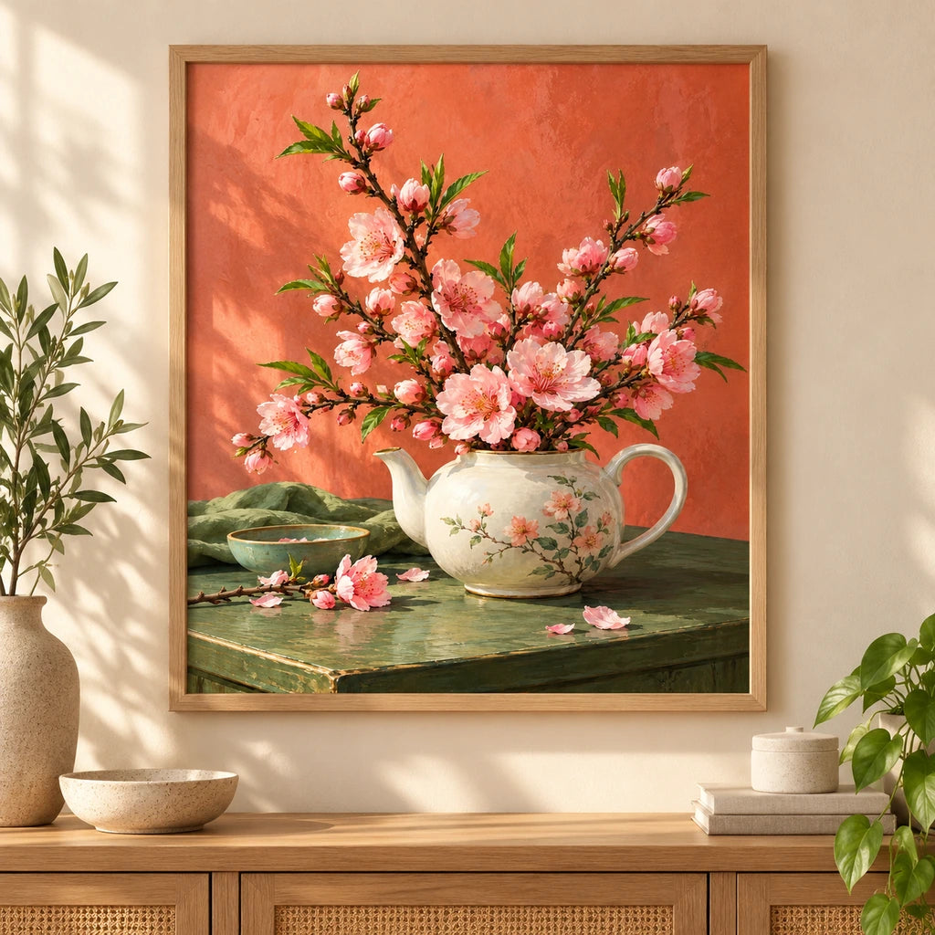 Pink peach blossoms growing from a teapot: diamond painting displayed as home wall decor