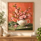 Pink peach blossoms growing from a teapot: diamond painting displayed as home wall decor