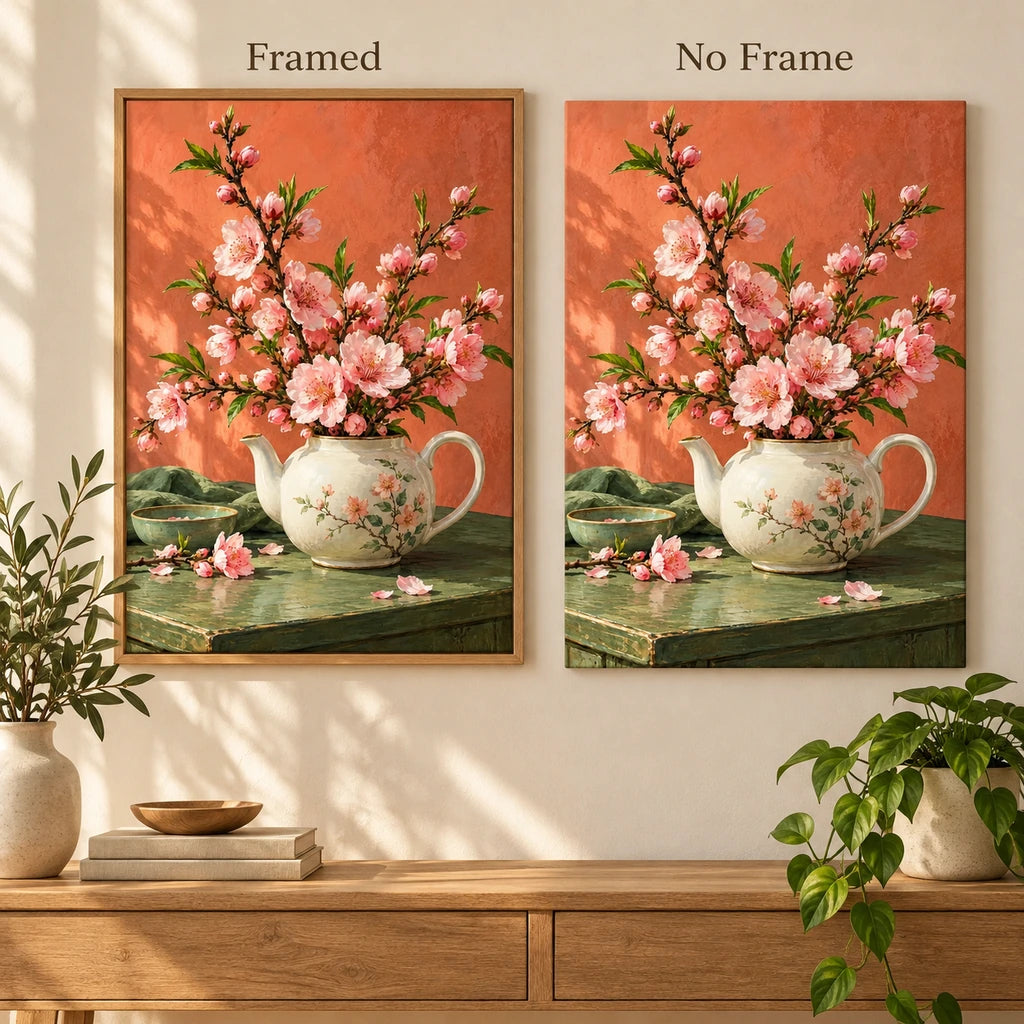 Pink peach blossoms growing from a teapot: framed and no-frame style comparison