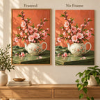 Pink peach blossoms growing from a teapot: framed and no-frame style comparison