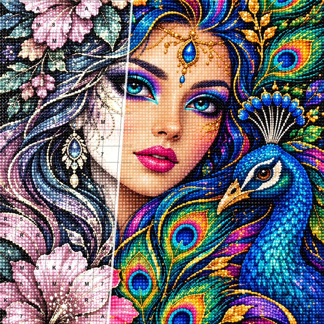 Peacock Feather Goddess Diamond Painting Kit — Diamond and canvas detail