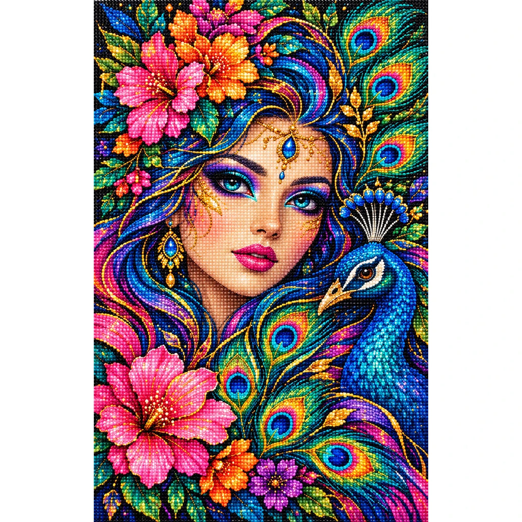 Peacock Feather Goddess Diamond Painting Kit — Finished white-background diamond painting