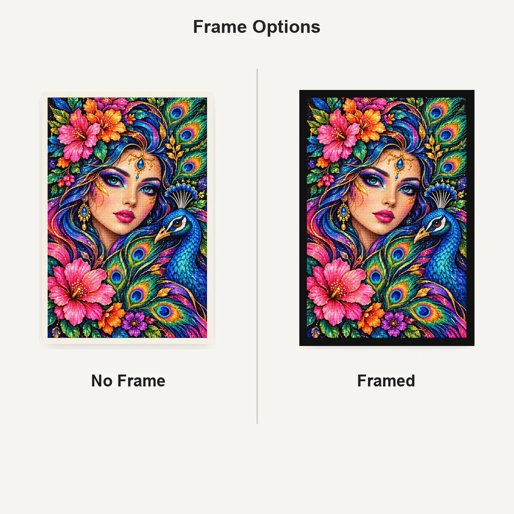 Peacock Feather Goddess Diamond Painting Kit — No Frame and Framed comparison