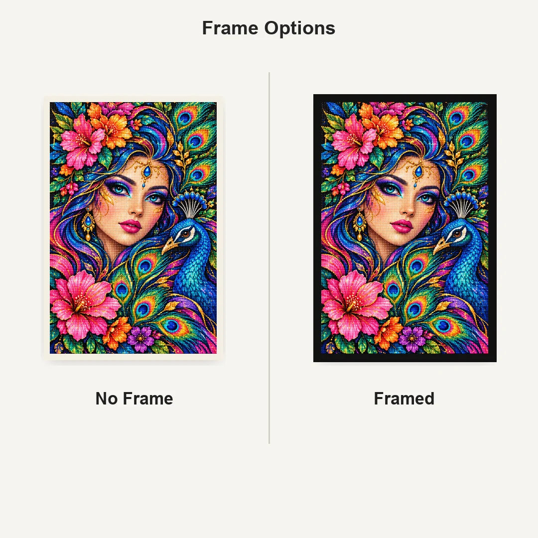Peacock Feather Goddess Diamond Painting Kit — No Frame and Framed comparison