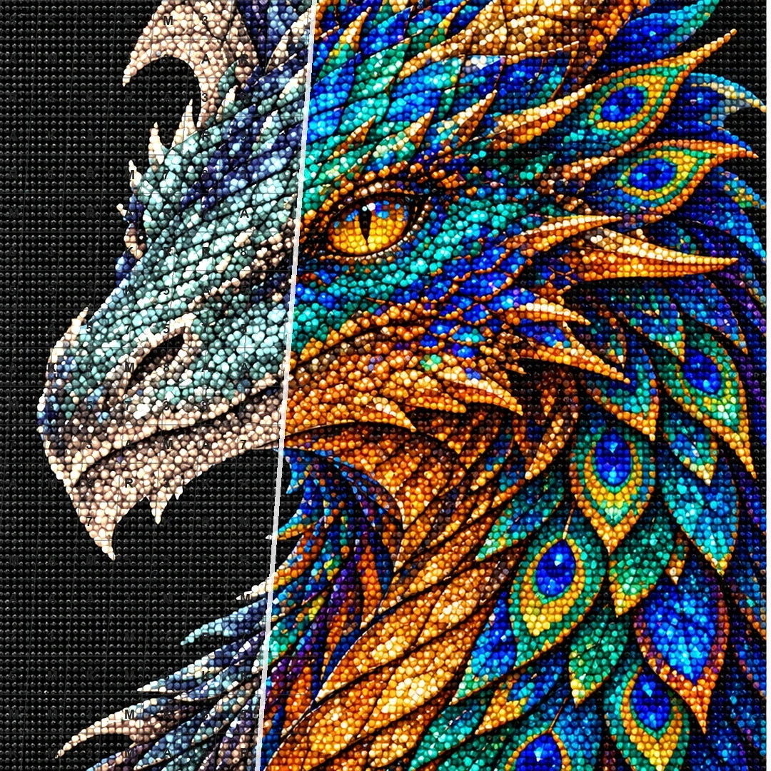 Peacock Feather Mosaic Dragon diamond drill and canvas detail
