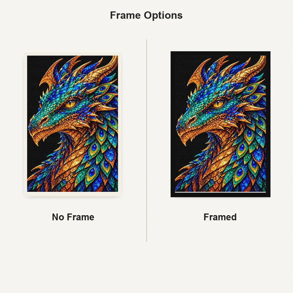 Peacock Feather Mosaic Dragon No Frame and Framed style comparison